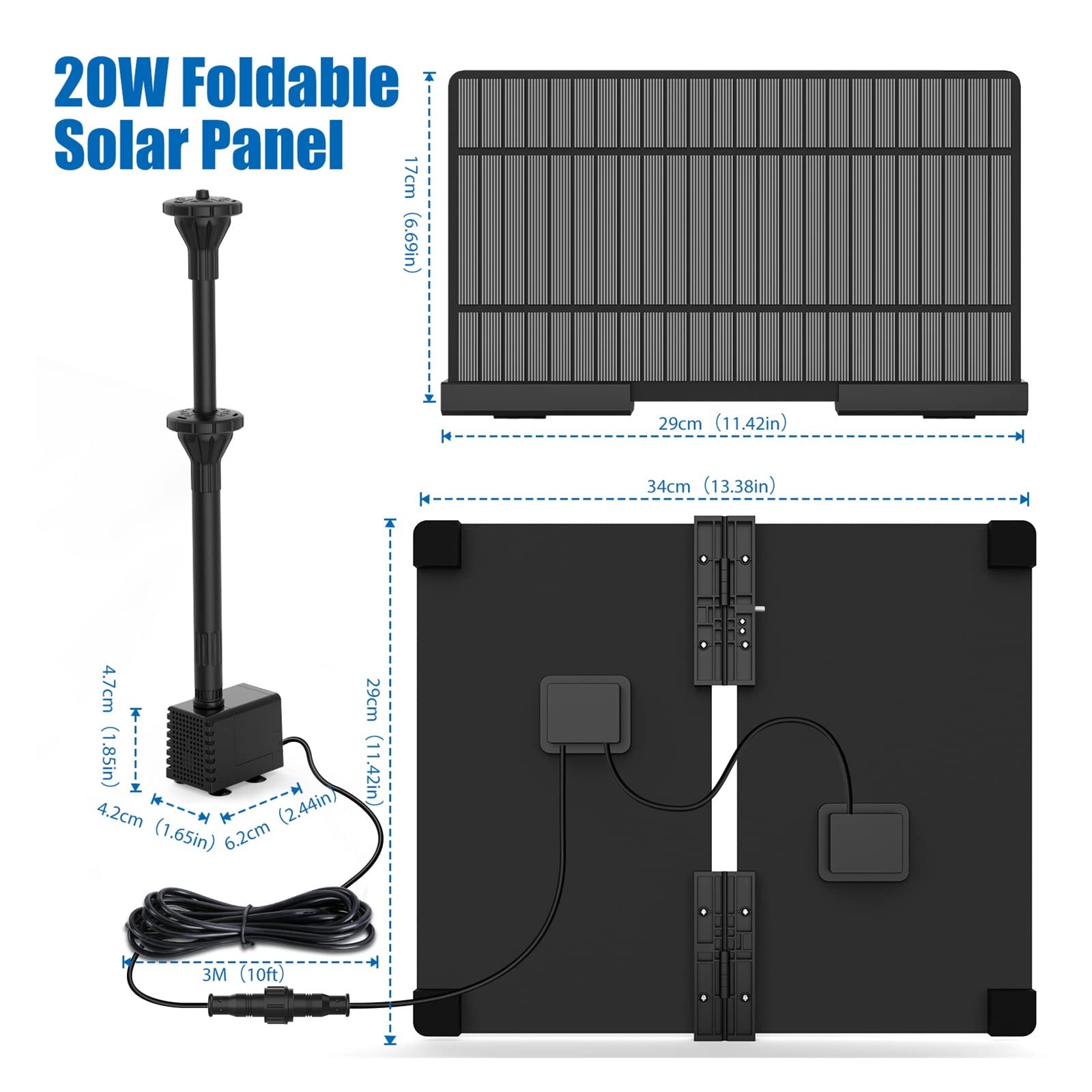 Pompa Wodna Solarna, 20W zestaw słonecznej pompy wodnej, zasilana energią słoneczną pompa do fontanny z 6 dyszami, funkcja wody fontanna zewnętrzna do kąpieli ptaków