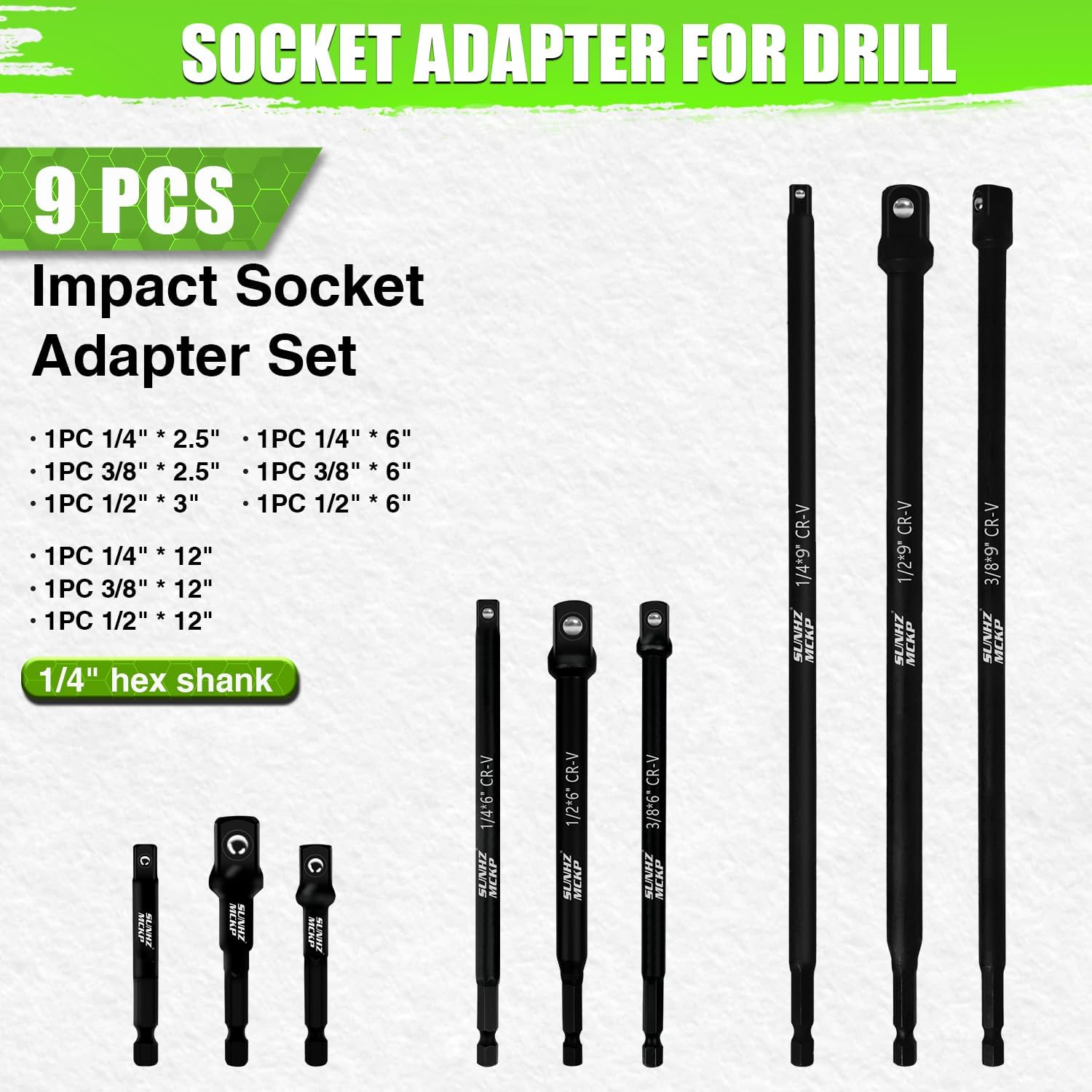 SUNHZMCKP 9-Piece Impact Grade Power Drill Sockets Adapter Sets, 3", 6", and 12" Hex Shank Impact Driver Socket Adapter, Socket to Drill Adapter 1/4" 3/8" 1/2" Impact Driver Adapter