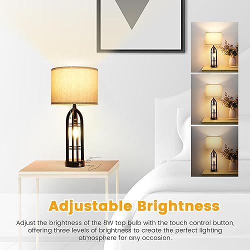 Miniatura 4 de Lámpara de mesa vintage para sala de estar, lámpara de escritorio de granja de tela, lámpara de mesita de noche regulable con puerto de carga USB