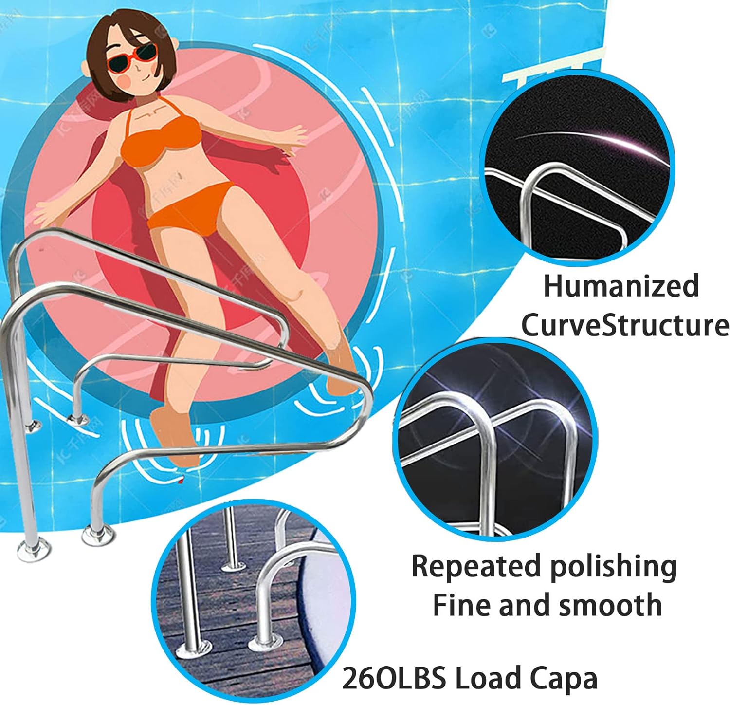 80 * 80cm Pool Safety Handrails, 304 Stainless Steel Swimming Pool Railing Water Handrail Deck Mounted Braced for Swimming Pool Sloped Entry Spa Water Park