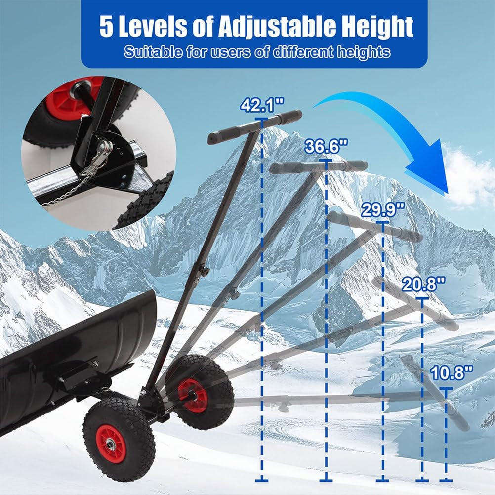30" Heavy-Duty Metal Snow Pusher with Wheels, Adjustable Height & Angle Handle, Ergonomic Snow Shovel for Driveway, Sidewalk, Patio, and Pathway Snow Removal (Black)