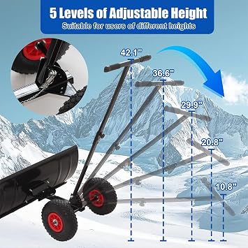 30 Heavy-Duty Metal Snow Pusher with Wheels, Adjustable Height & Angle Handle, Ergonomic Snow Shovel for Driveway, Sidewalk, Patio, and Pathway Snow Removal (Black)