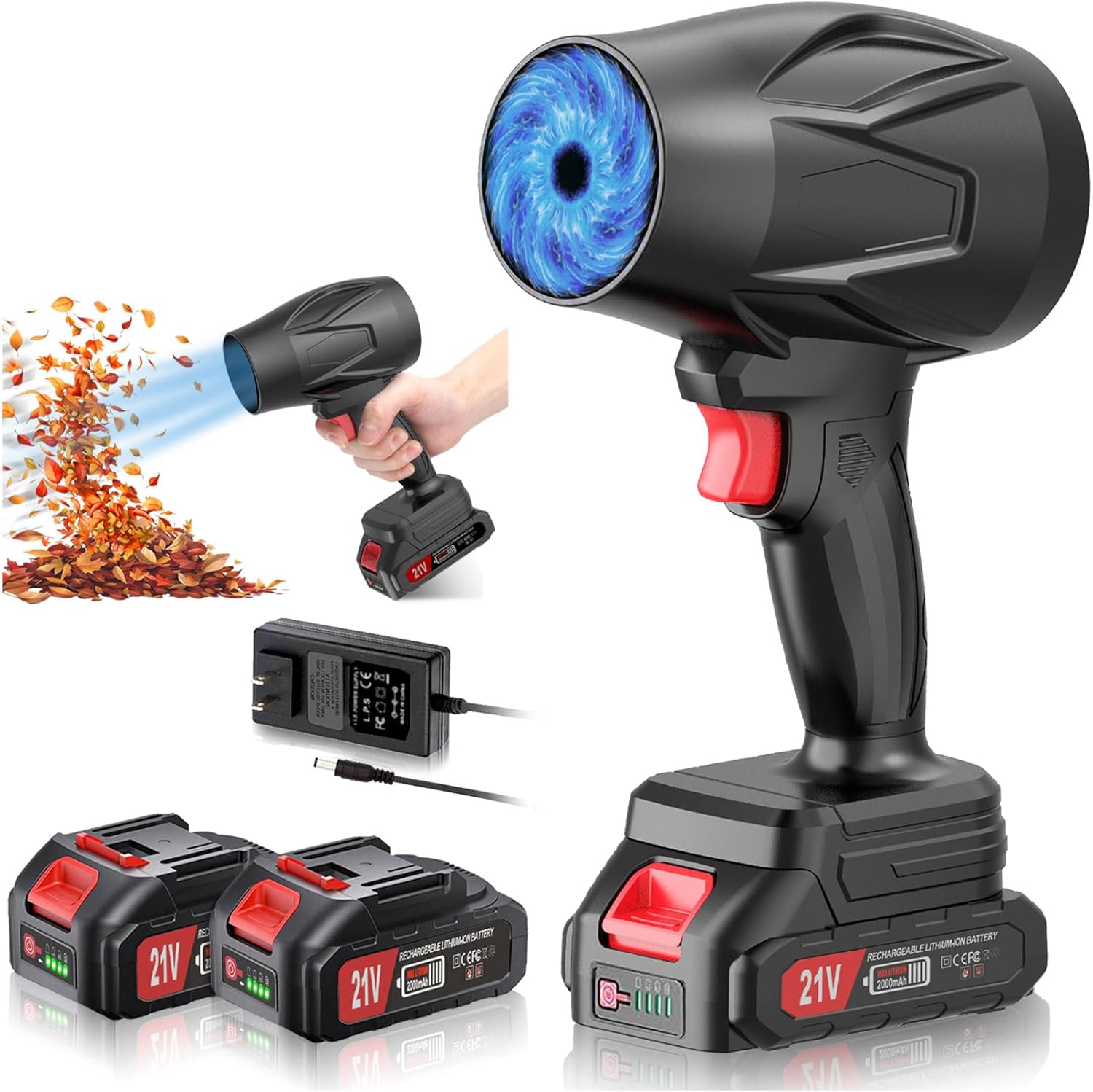 Electric Cordless Leaf Blower, 450000RPM Lightweight Handheld Dust Blower with 2 Battery & Charger, Adjustable Speed, High-Speed Motor Leaf Blowers for Lawn Care, Garage/Patio/Car Cleaning