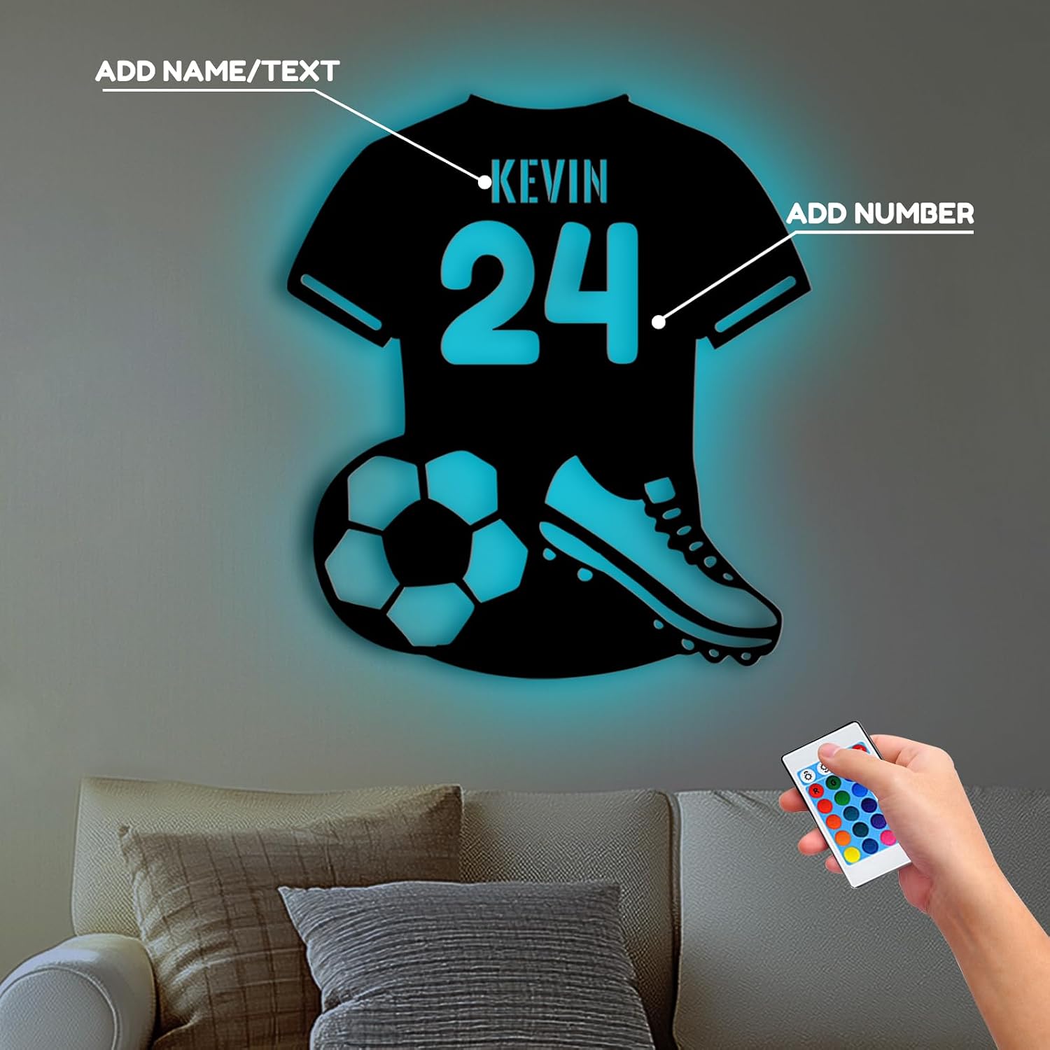 Personalized Soccer Jersey Neon Sign, Soccer Led Neon Signs for Wall Decor, Custom Soccer Name& Number with 16 Color Changing Light Bedroom Sports Soccer Wall Party Bar Christmas Birthday Gifts