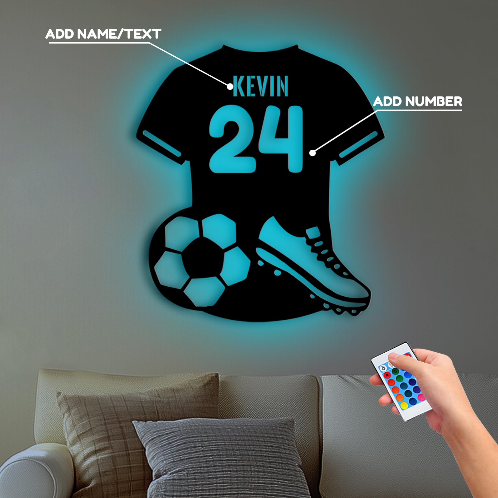 Panneau néon LED Personnalisé en Jersey de Football pour Décoration Murale, 16 Couleurs de Lumière avec Télécommande, Décoration Chambre, Sportive, Fête, Bar, Cadeau Fan de Football