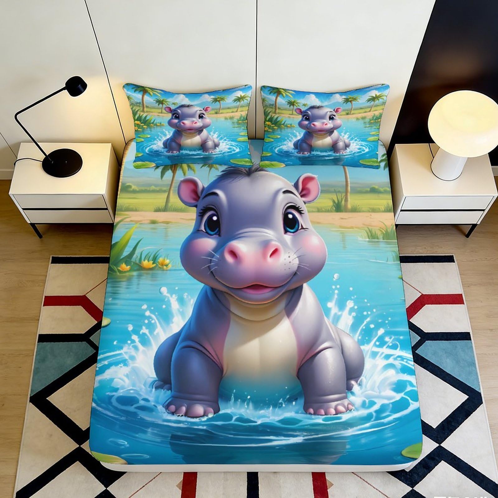 3D Printed Cute Hippo Fitted Sheet Microfiber Soft Anti-Slip Water Splash Bed Cover for Bedroom Guest Room Decor 90x200x25cm