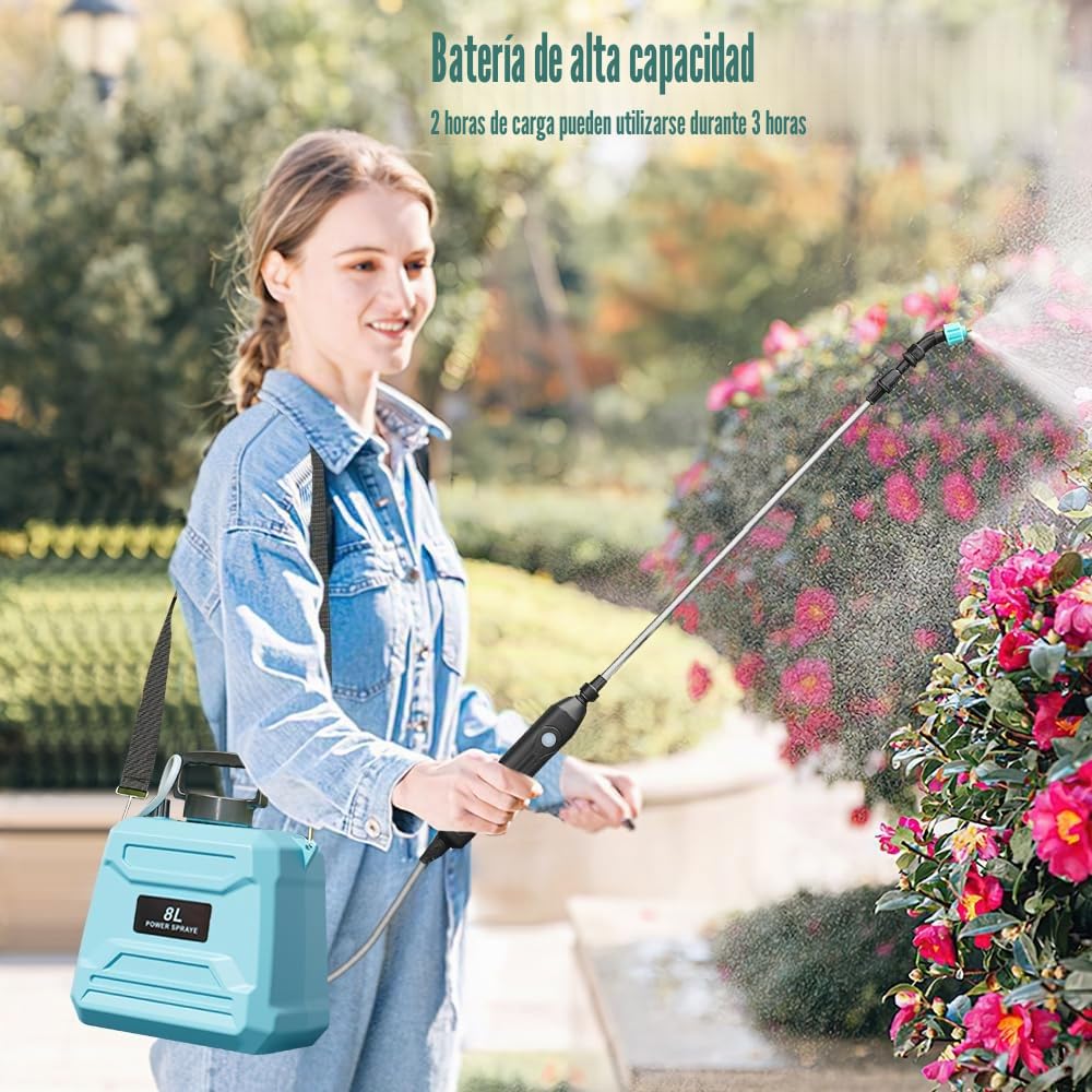 Pulverizador eléctrico de 5 l/8 l para jardín, con 3 boquillas ajustables, recargable por USB y mango telescópico, pulverizador a presión para riego deshierbe patio (5 L-verde)