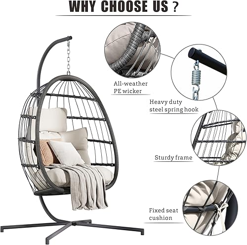 Miniatura 5 de HWB Silla colgante de huevo con soporte, silla columpio de mimbre para patio con cojín para dormitorio, jardín, interior y exterior (beige)