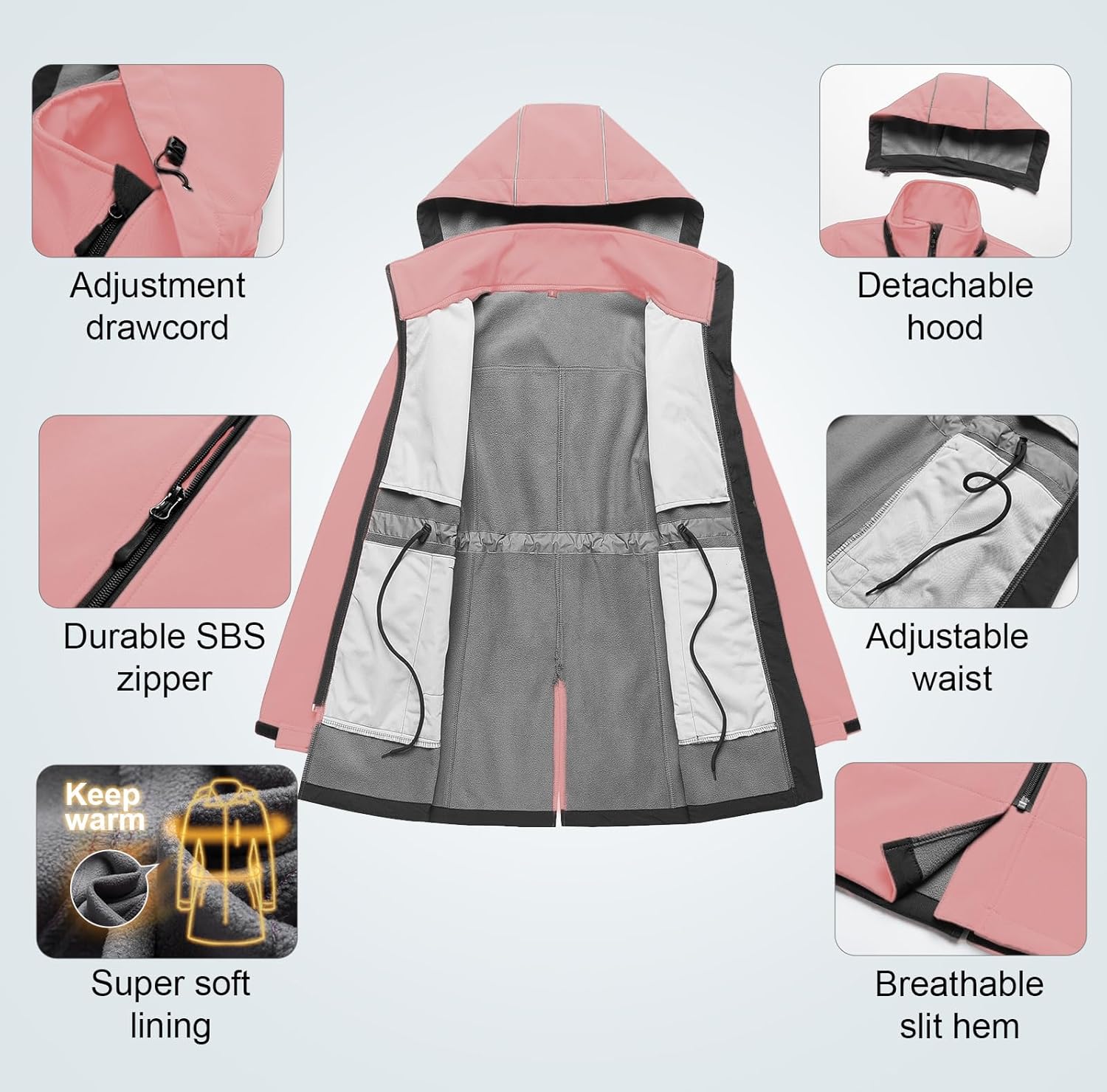 CREATMO US Women's Plus Size Long Softshell Jacket Waterproof Fleece Lined Rain Jacket Lightweight Windbreaker With Hood - Image 5