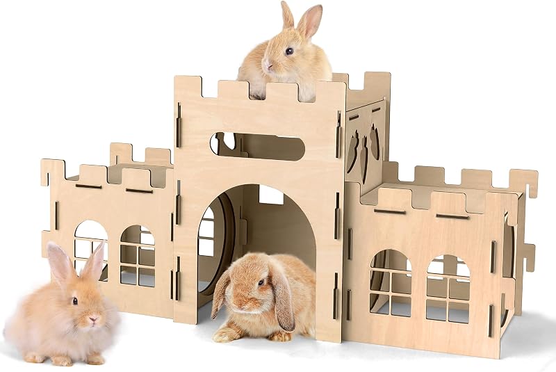 HIIMALEX Large Bunny Castle Sturdy House for Rabbits Ferrets Guinea Pigs | Wooden bunny hideout, split balcony, tunnel tower, ventilated habitat for rabbits, ferrets, guinea pigs, hamsters