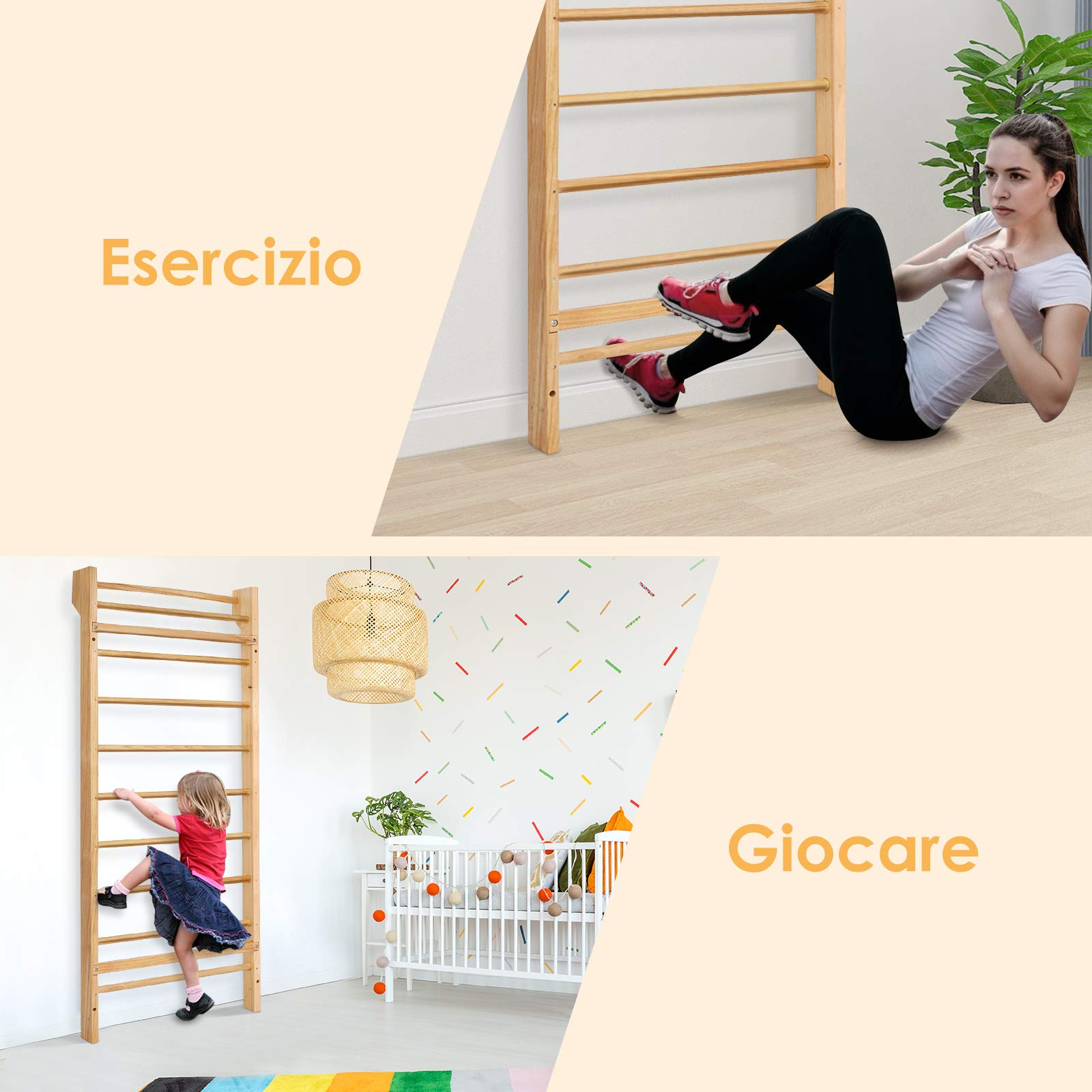 RELAX4LIFE Espaldera Gimnasio Casa de Madera Maciza de Pino con 10 Barras, Espaldera Madera de Pared para Niños y Adultos, Gimnasio Pared, Carga 150 kg, 195 x 80 x 14 cm