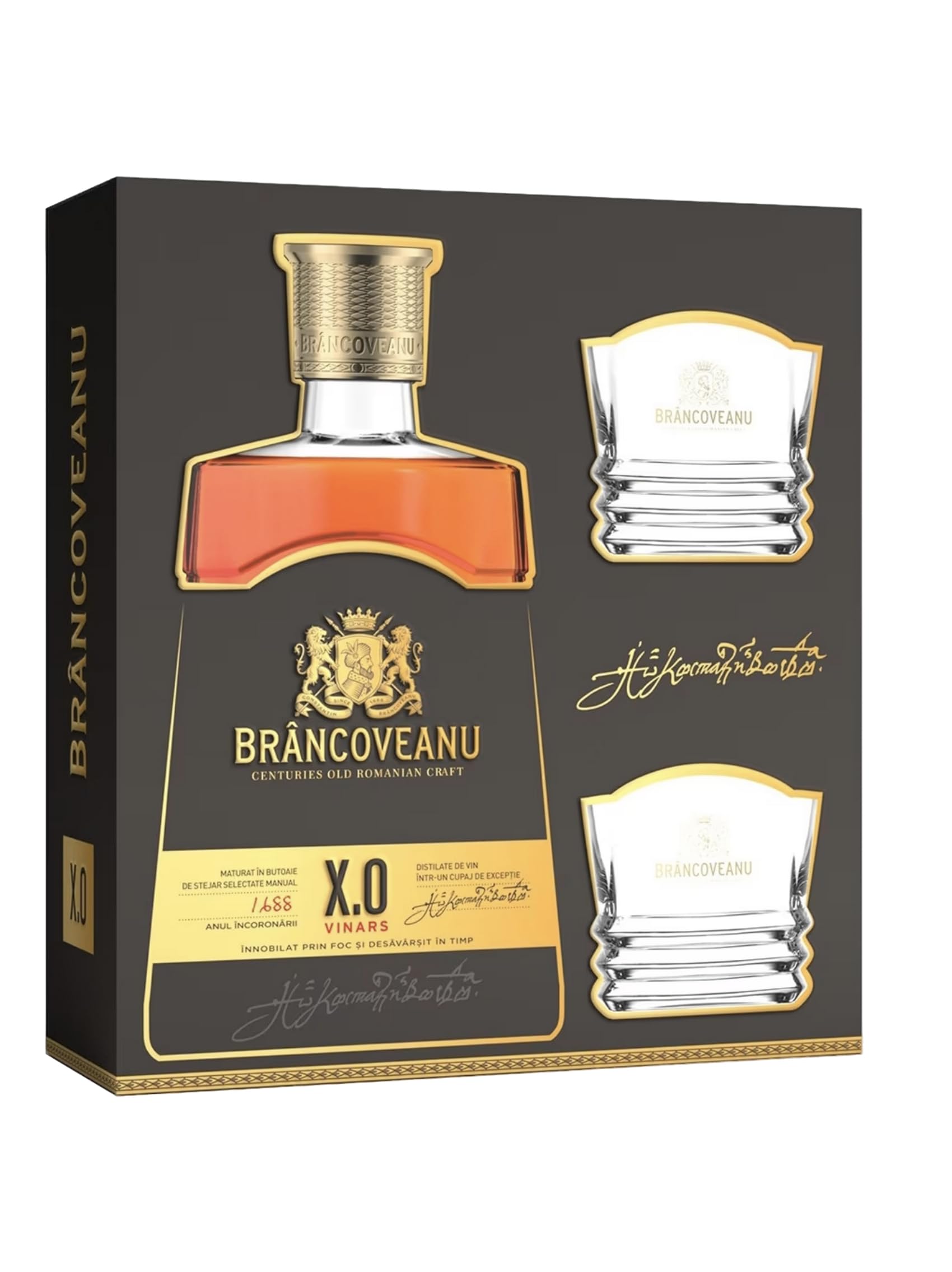 Brancoveanu XO Vinars – 700 ml Branntwein aus den Karpaten, 40% Vol., Set mit 2 Gläsern