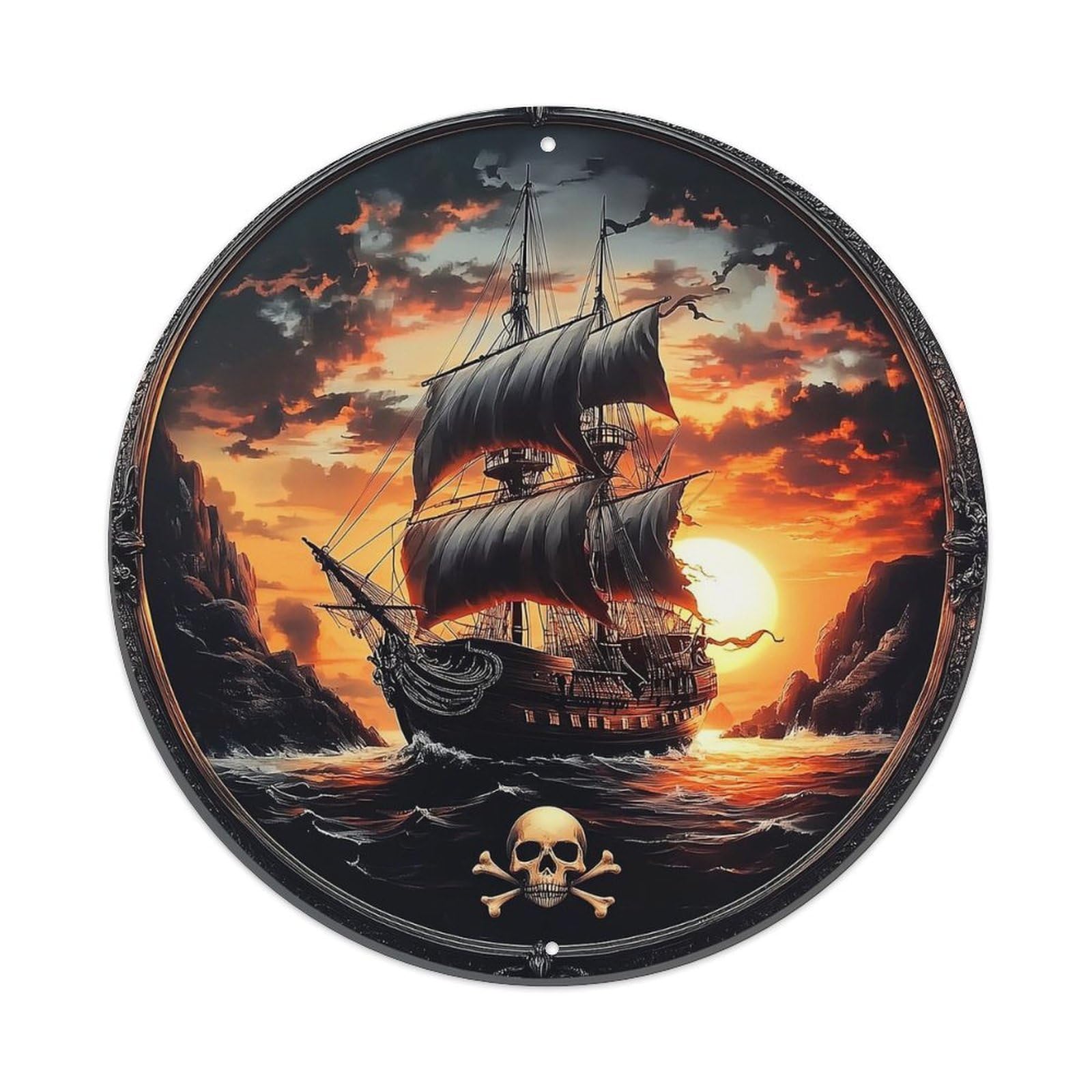 Pirate Ship Sunset Skull Art Retro Metal Tin Sign, Vintage Metal Poster for home, Gaming Room, Studio Workshop,Bar,Garage Wall Art Decor 8x8 inch