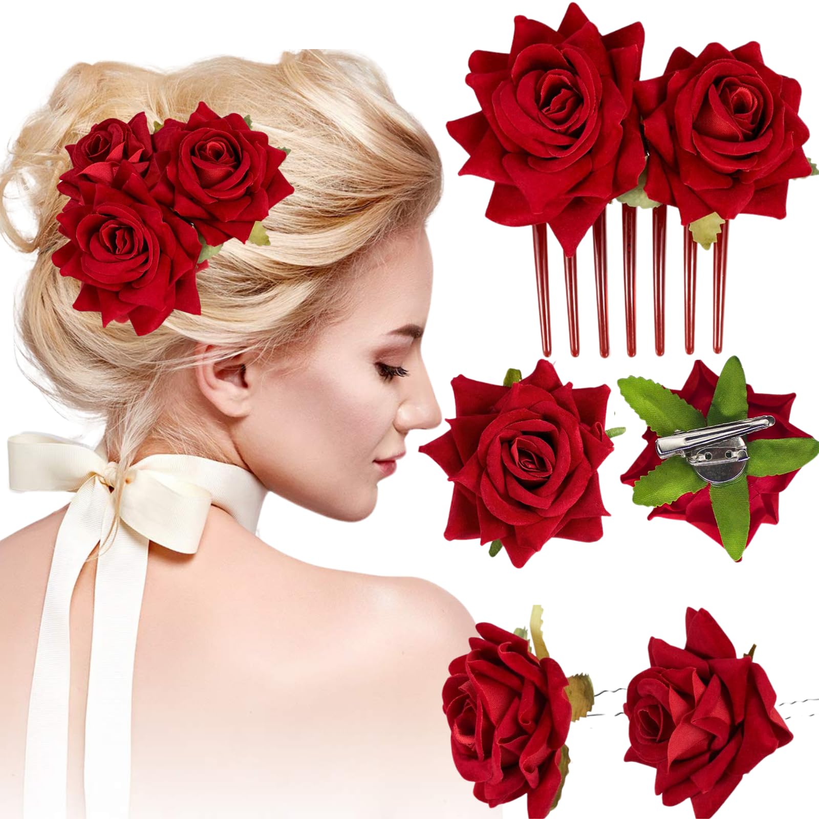 ASTRYAS 4 Pieces Red Rose Flower Hair Clip Bridal Hair Pins Rose Brooch Mexican Flower Hair Accessories for Party Wedding Flamenco Dancer, Christmas