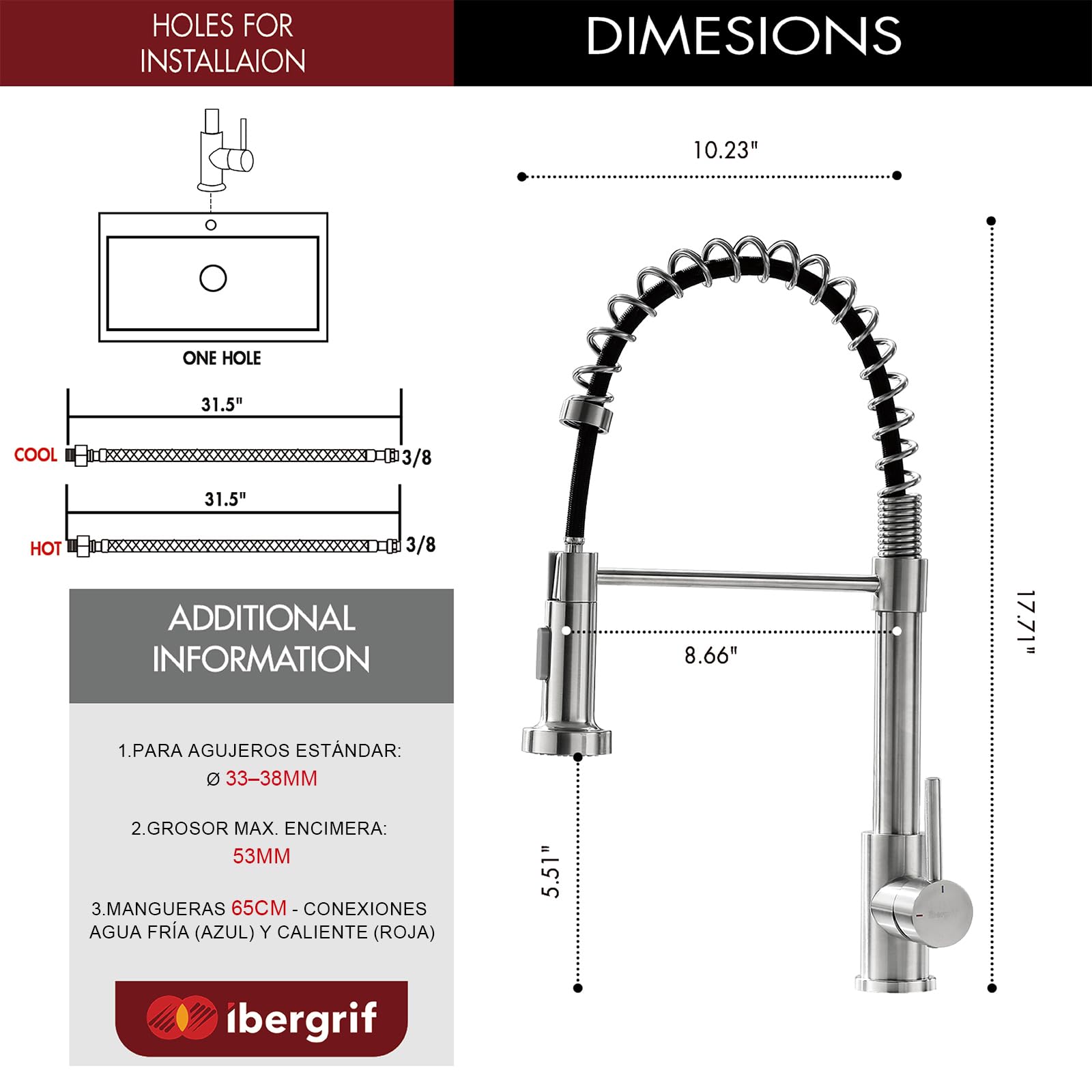 Ibergrif Grifo Cocina Extraible y Extensible - Acero Inoxidable 304, 360°Giratorio, 2 Modos Agua (Spray/Flujo), Manguera 40cm, Instalación Rápida, Monomando, M22143A