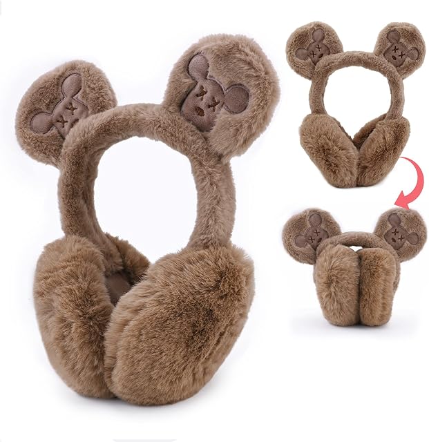 Gukasxi Ear muffs, Winter Warm Earmuffs Foldable Fluffy Plush Ear Muff for Women Girls, Winter Ear Warmers Furry Earmuffs Ear Cover, Cute Cartoon Ear Earflap Ear Wamers for Cold Winter (Khaki)