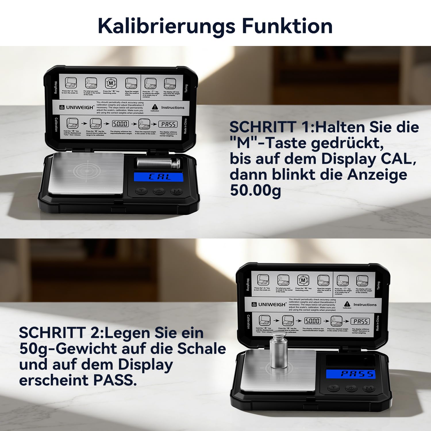 UNIWEIGH Milligramm-Waage 50g/0.001g Hochpräzise, Digitale Schmuckwaage Mit LCD/Tara, 6 Einheiten, Mikro-Gramm für Pulver, Medizin, Münze, Gold, Reloading - Inkl. Cal Weight, Batterien