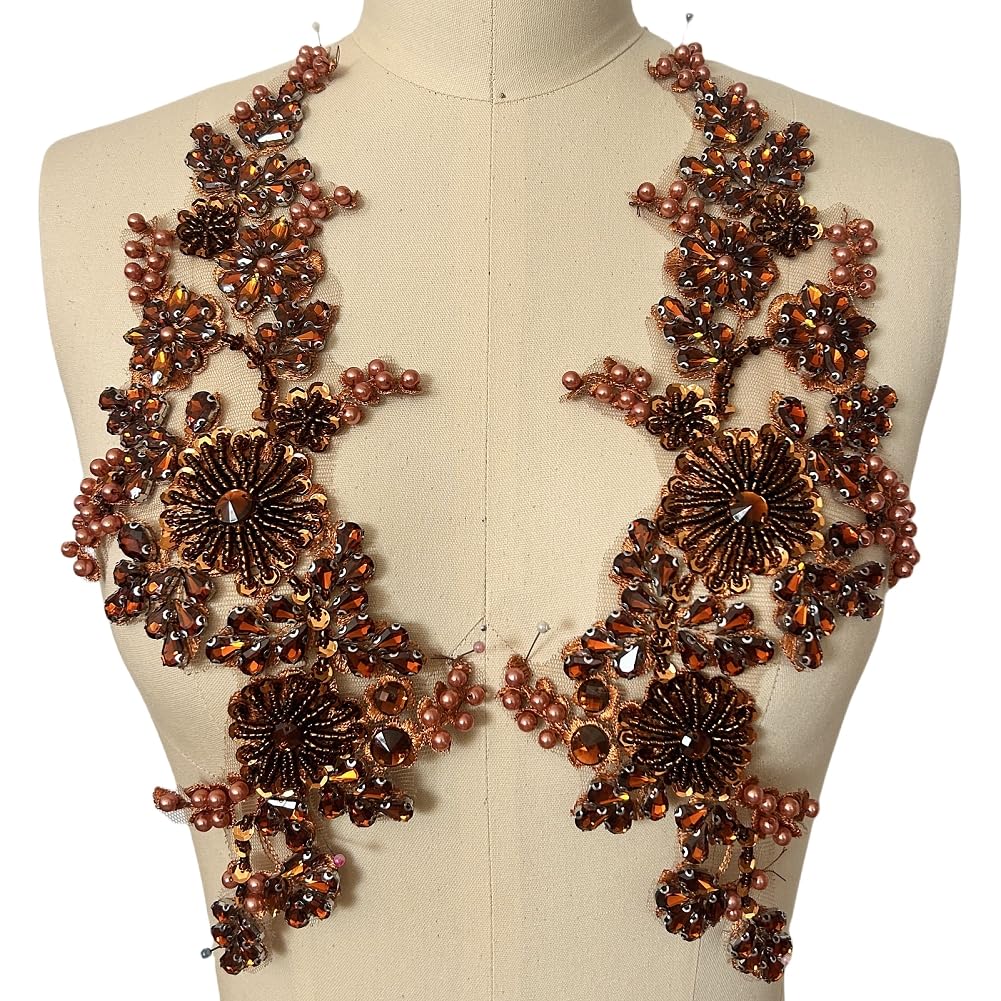 Photo 1 of 1 Pair Sew on Crystals Rhinestones Appliques Patches for Front Bodice Decoration Sewing Beaded Wedding Evening Dress Clothing Prom Costumes Crafts (Brown)