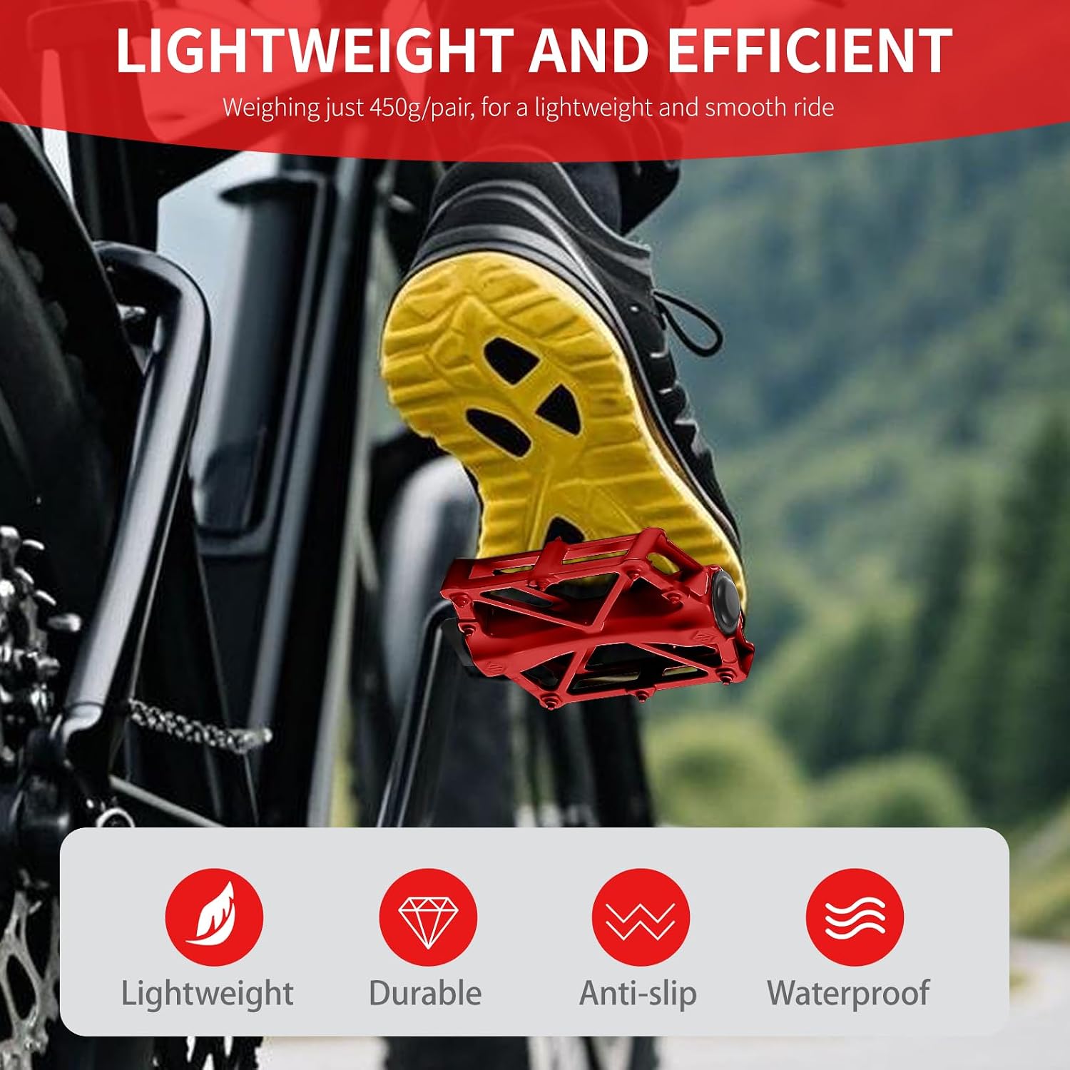 Red Pedals Compatible with Ridstar Q20, Bicycle Pedals for Electric Bike, Aluminium Lightweight Platform Pedal with Non-Slip Pins, Durable Flat Pedal for Electric Bicycle