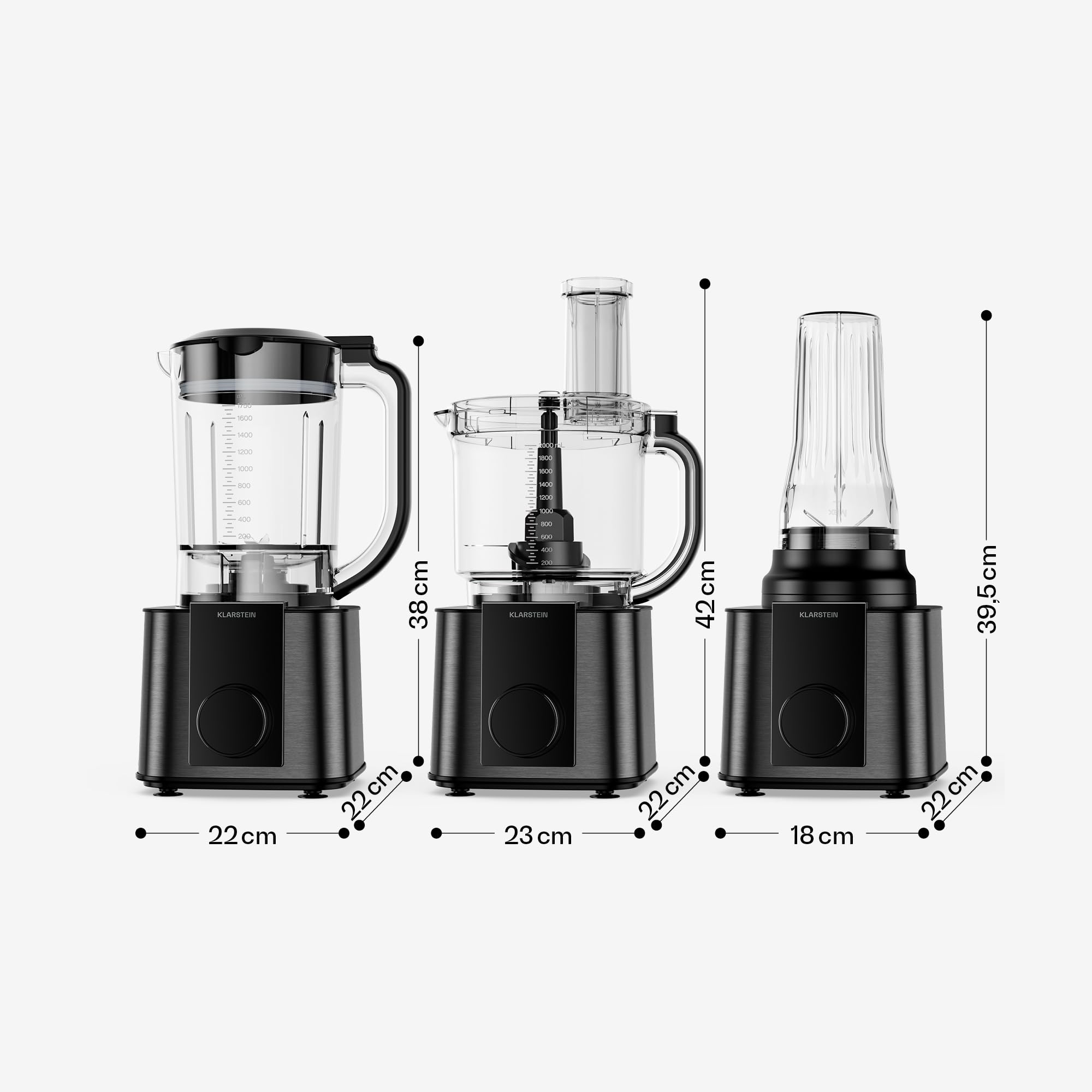 Klarstein Verosteel Küchenmaschine mit Mixer – 1200 W Multifunktions-Küchenmaschine, 2-Liter-Schüssel, 1,75-Liter-Mixer, 10 Geschwindigkeiten, 6 Programme, Entsafter & Fleischwolf