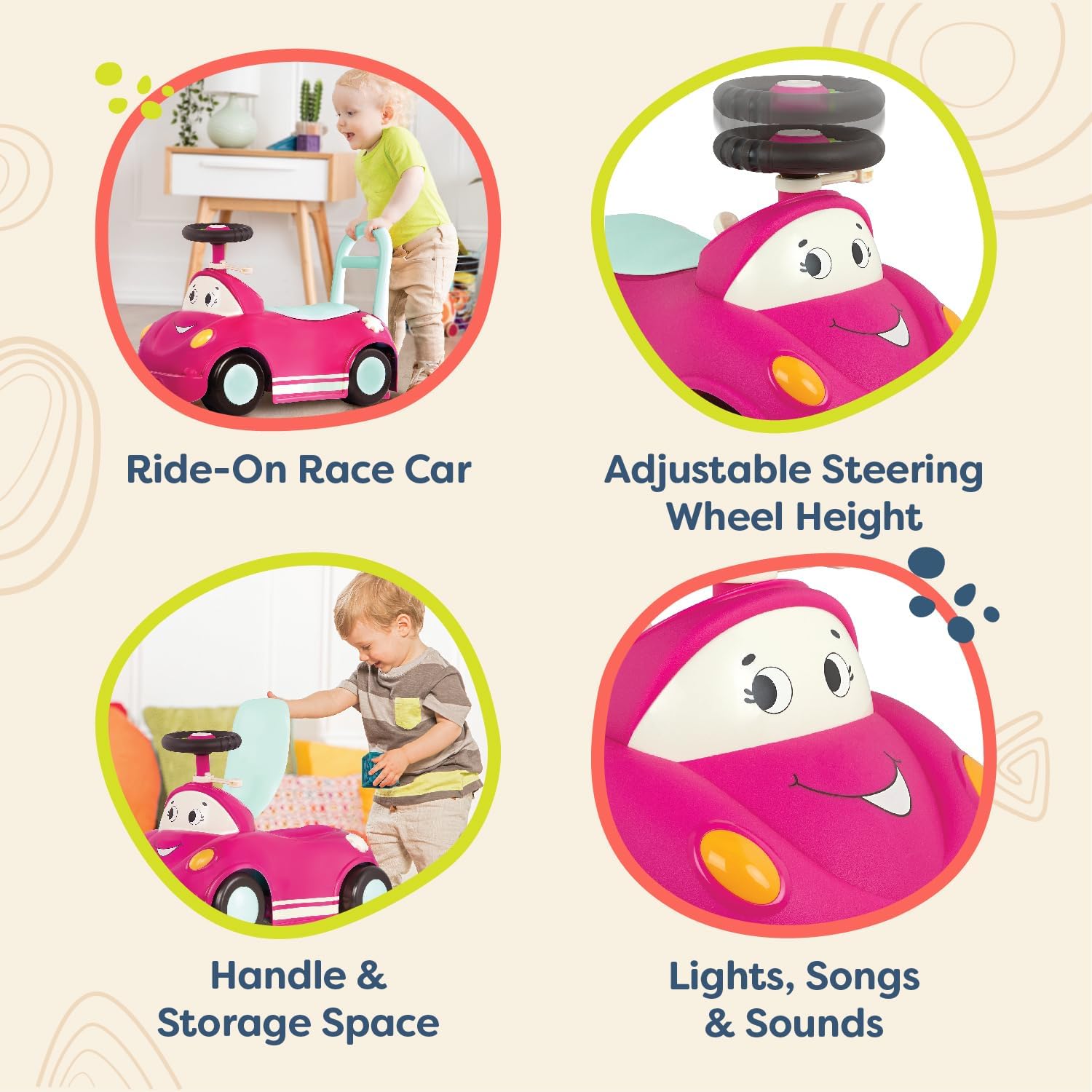 B. toys – Push CarToy – Ride – On Race Car – Walker Toy – Handle & Storage Space – Lights, Songs & Sounds – 1 Year + – Rollin' Riders