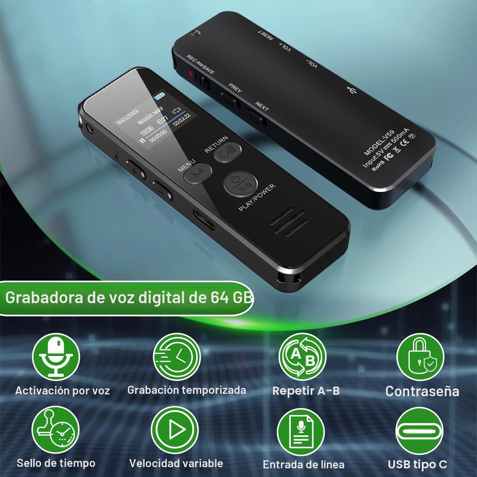 60Horas Grabadora de Voz, 64GB Carcasa Metálica Grabadora de Audio Activada por Voz con Contraseña, USB C, para Conferencias Reunión Clase Entrevistas