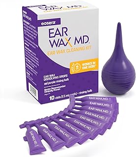 eosera Ear Wax MD Cleaning Kit - Fast-Acting Ear Wax Dissolving Drops & Rinse Bulb Syringe - Doctor Recommended, Clinically Proven Earwax Dissolver for Adults & Kids - Works in 15 Minutes - 10 Vials