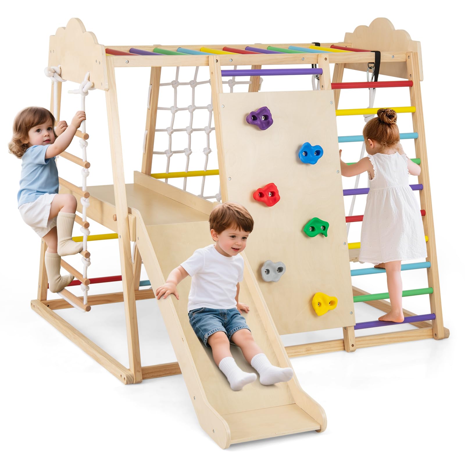 COSTWAY 8 in 1 Set da Arrampicata per Bambini, Palestra in Legno da Interno con Sbarre Scivolo Altalena Scala in Corda e Roccia/Rete da Arrampicata, per Bambini 3 Anni+ (Colorato)