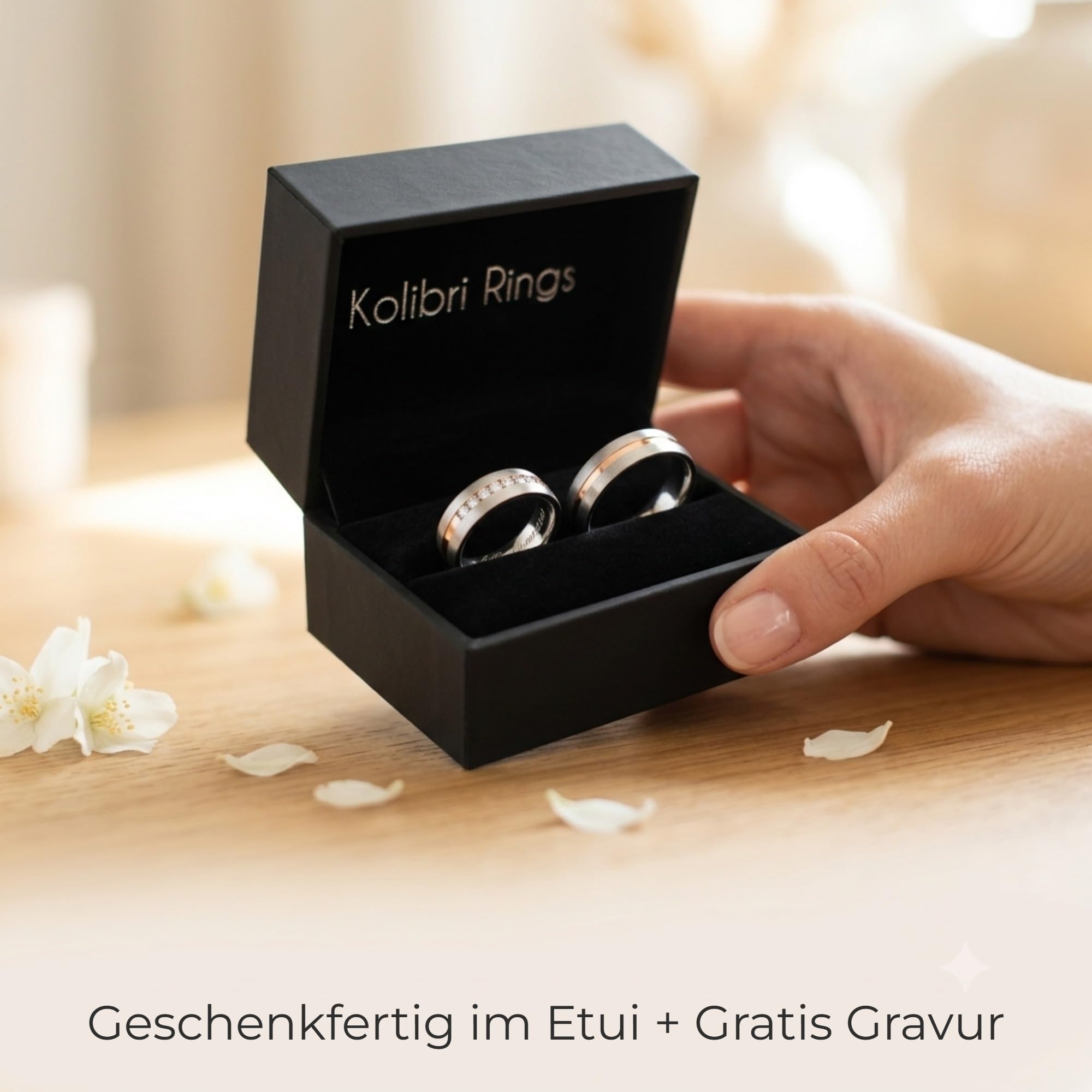 Kolibri Rings 925 Silber Rot Vergoldet | Eheringe Set Paarpreis mit 7 Zirkonia Steine | Partnerringe Längsmatt | Made in Germany + Gratis Gravur & Etui