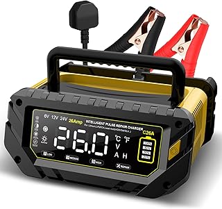 26A Car Battery Charger 6V/12V/24V, LiFePO4 Battery Charger, Automatic Maintainer with Temperature Compensation for Boat SUV Motorcycle Lithium LiFePO4 and Lead-Acid(AGM, GEL, MF, EFB, SLA, Etc)