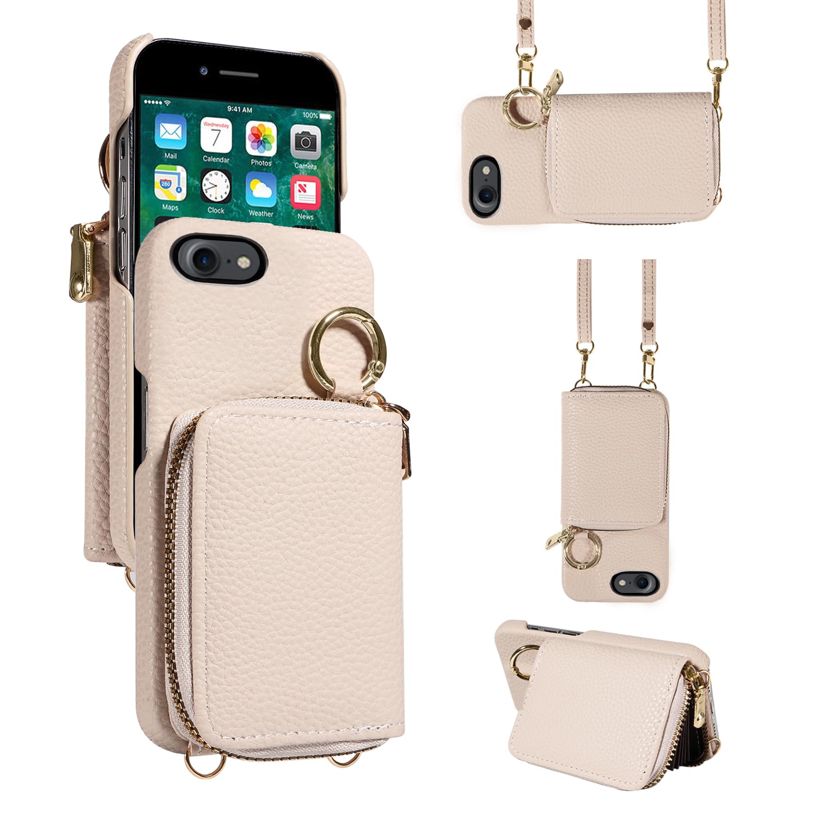 Furiet Wallet Case for iPhone 7/8/SE 2020/2022 with Shoulder Strap Ring Buckle Zipper Organ Purse, Phone Cover for iPhone7 iPhone8 7s 8s i SE2020