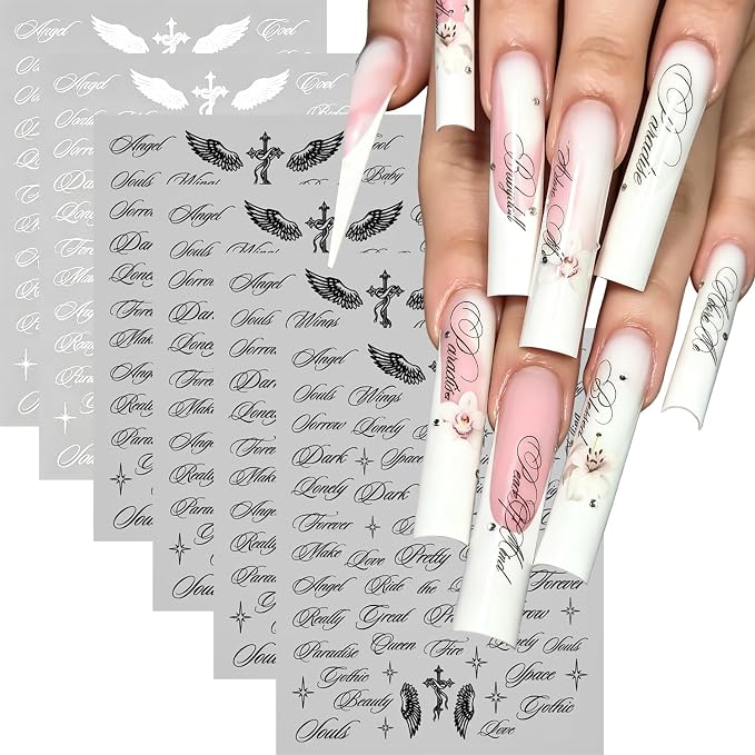 6PCS Minimalist Black & White Gothic Letter Nail Art Stickers Decals
