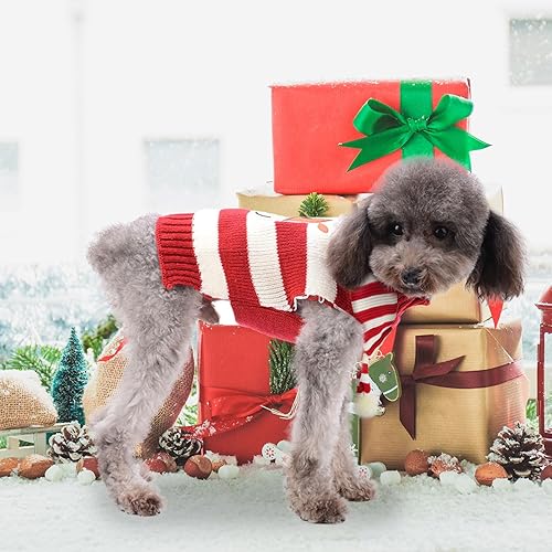Miniatura 7 de HRTTSY Conjunto de suéter y bufanda de Navidad para perro, lindo reno feo para cachorros, ropa de gato a rayas, traje de invierno para mascotas,