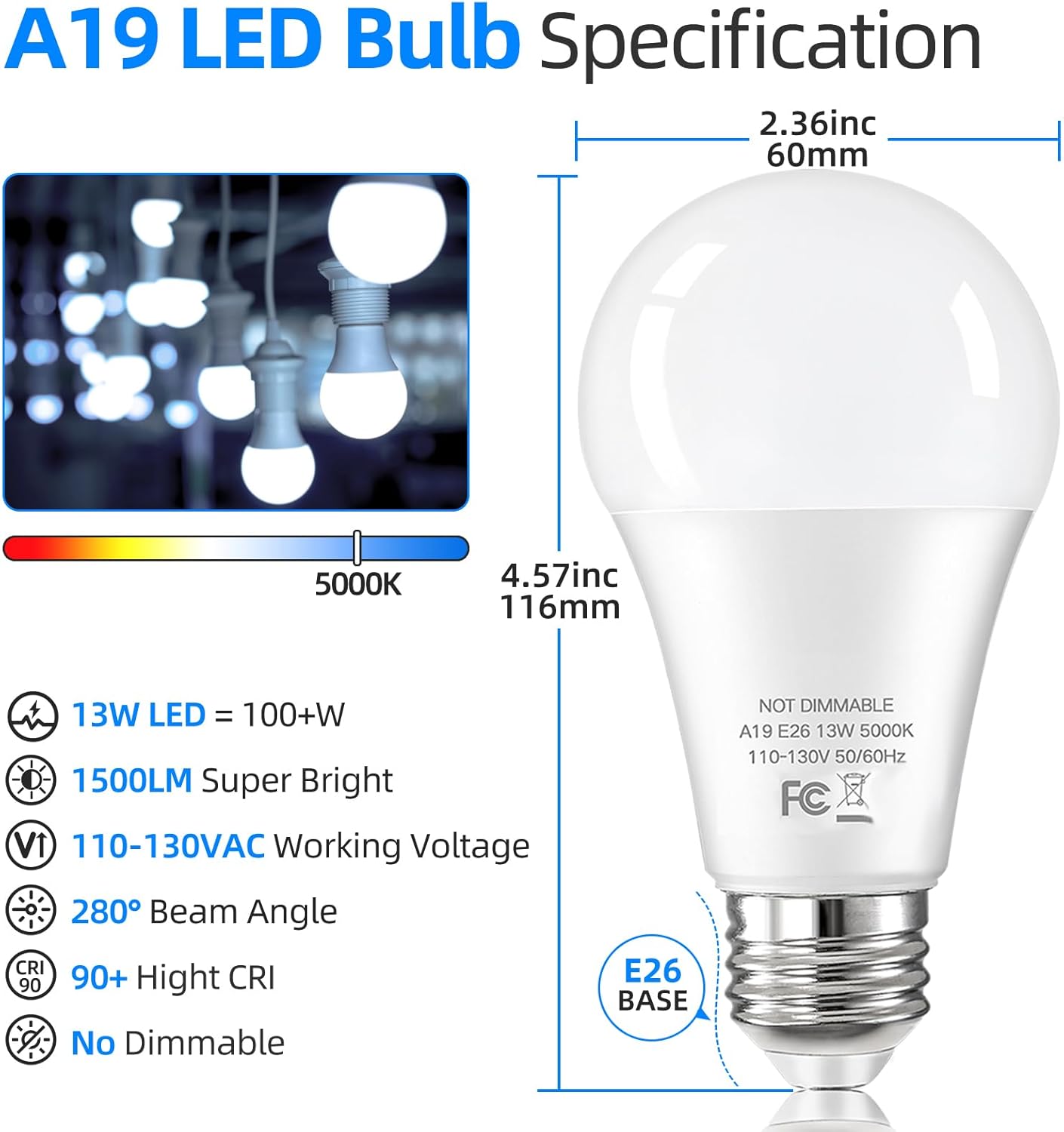 24-Pack A19 LED Light Bulbs Equivalent 100W, 13W 5000K Daylight White LED Bulbs Super Bright 1500 Lumens, E26 Base Bulb for Home, Bedroom, Office Lamp, Non-Dimmable