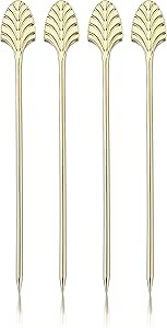 Viski Gold Art Deco Cocktail Picks, Stainless Steel Cocktail Picks for Drinks, Garnish Picks, Cocktail Skewers, Barware Accessories, 5in, Set of 4