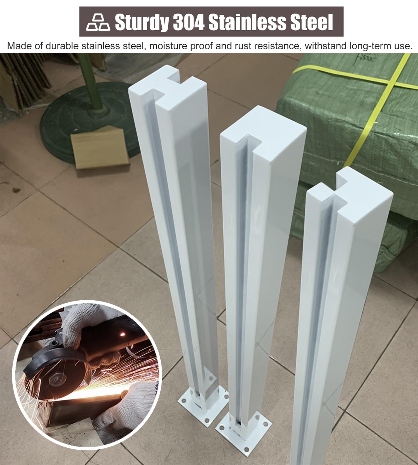 Poste de valla cuadrado blanco de 50130 cm, de acero inoxidable 304 de alta calidad, con abrazadera de barandilla, juego completo de valla para decoración de jardín al aire libre