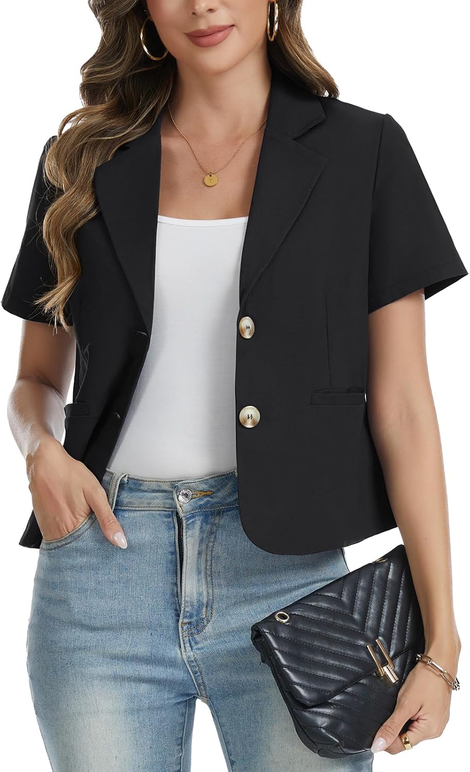 Cotton Linen Blazers for Women Business Casual Two Buttons Short Sleeve Cropped Jackets Work Office Lapel Blazer