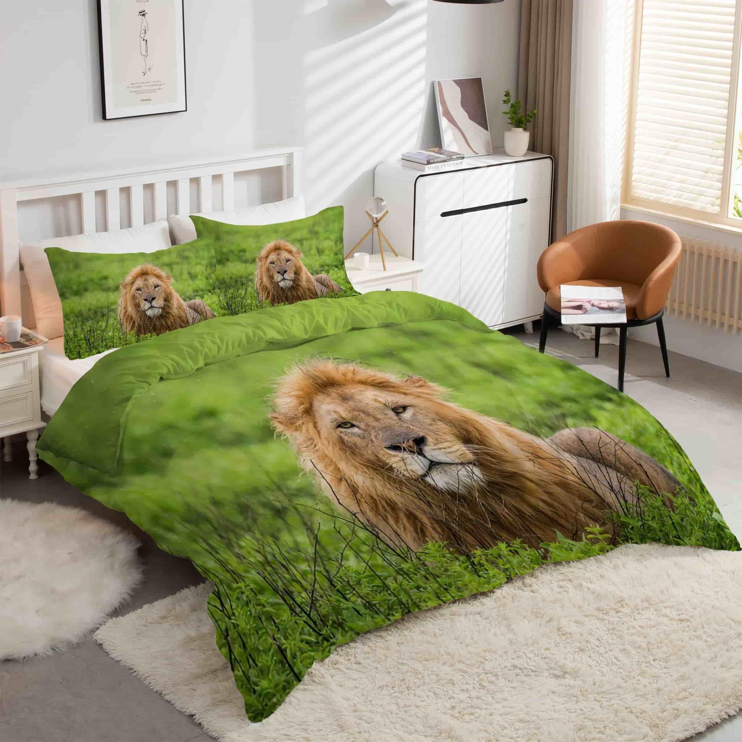 Housse de couette 160x200 anti-glisse lion parure microfibre