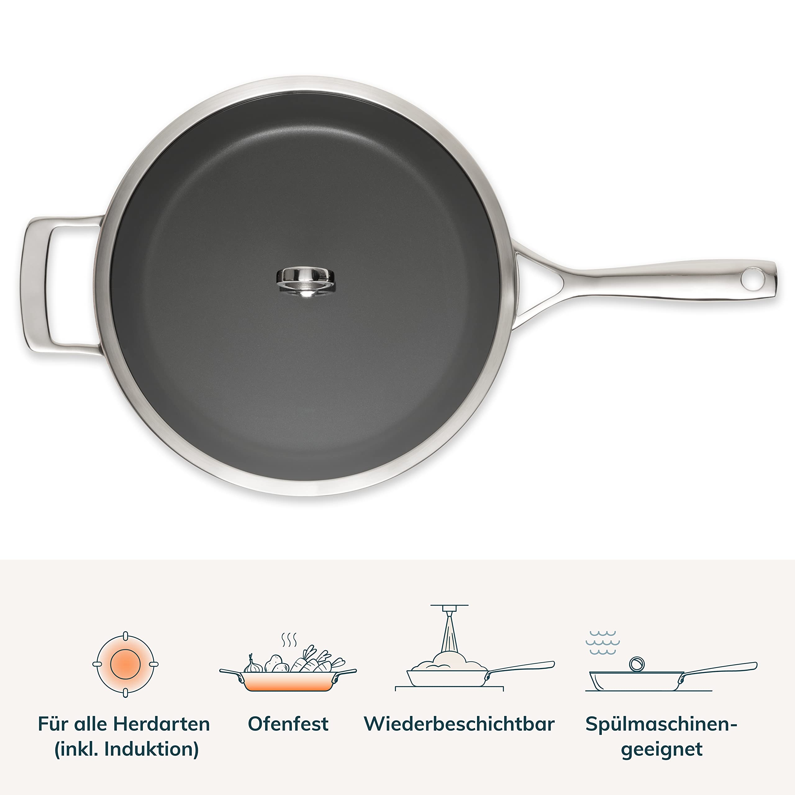 Olavson My Innovative beschichtete Bratpfanne mit Kupferkern - Beschichtete Pfanne für Induktion - Ofen, Gasherd und spülmaschinenfest - Kleine Pfanne mit Deckel - Steilgriff 30 cm Edelstahl