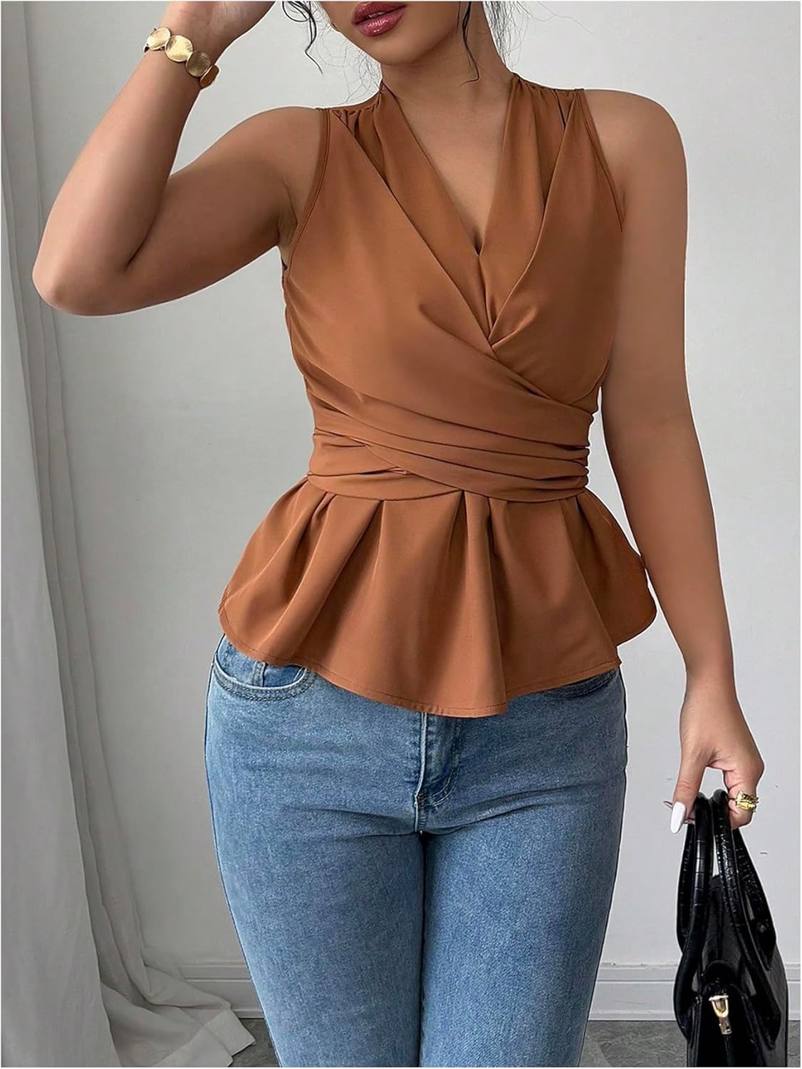 Milumia Women’s Sleeveless Sexy V Neck Ruffle Tops Tie Waist Bow Back Shirt Slim Fit Blouse - Image 3