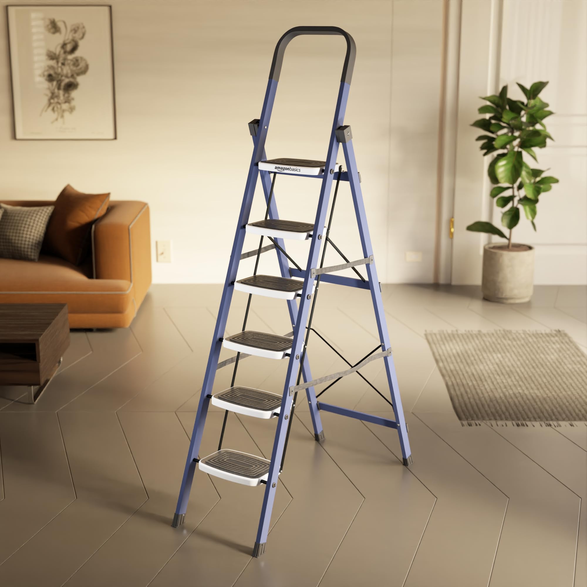 amazon basics Super Clamber - Non-Trip and Flat-Foldable Step Ladder, with Anti-Skid Steps, 6 Steps (Steel, Blue & White)