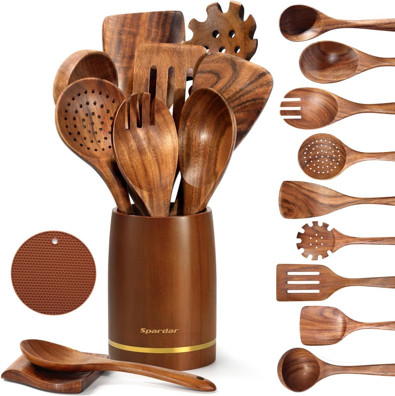 Spardar Wooden Kitchen Utensils, 12 Piece Set Wooden Spoon Set with 9 Teak Wood Cooking Spoons, Spoon Rest, Pot Holde, 3.3 Inch Utensil Holder, as Kitchen Decoration and Housewarming Gift