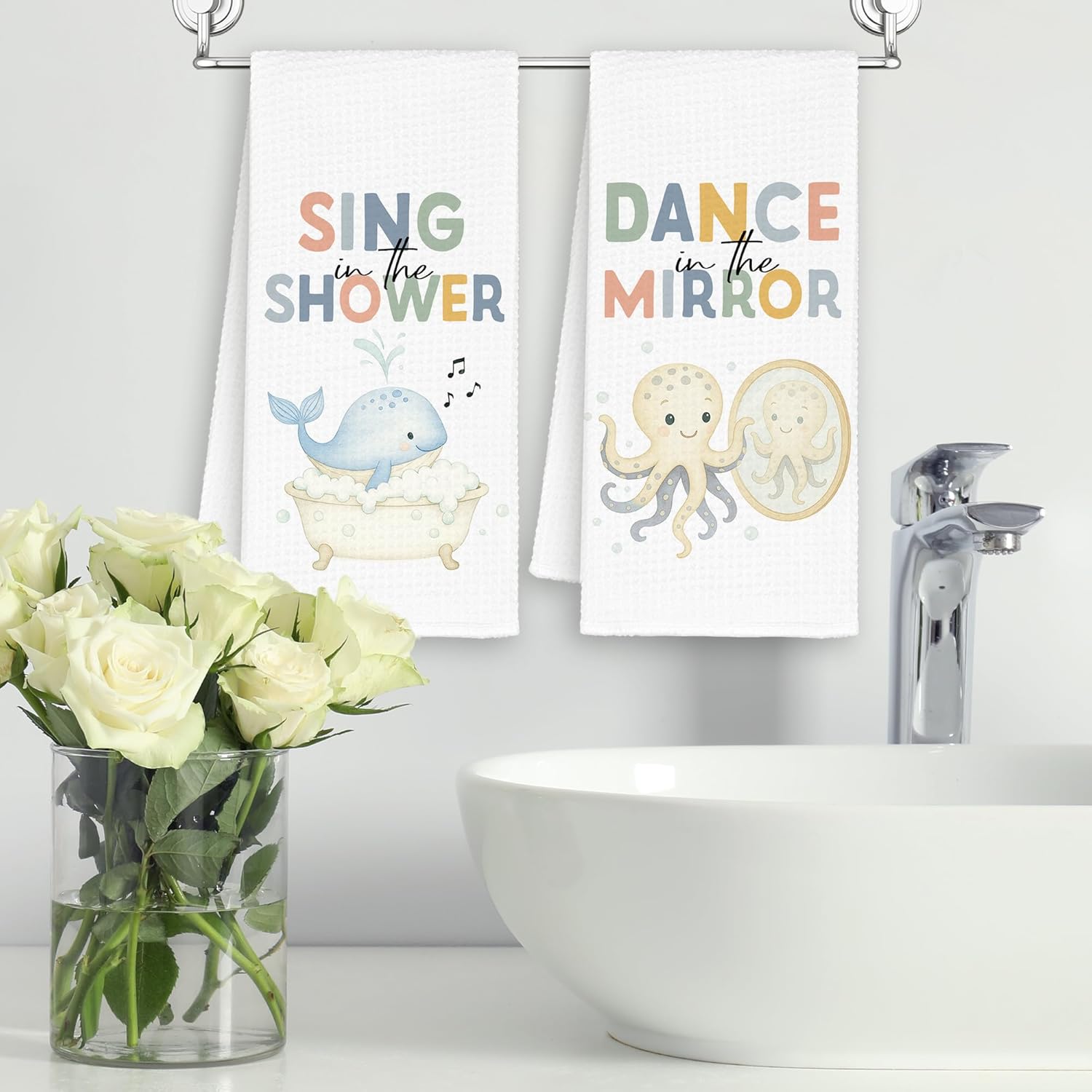 Funny Sea Animals Bathroom Kitchen Towels Set of 2, Cute Hand Towels Decor for Bathroom, Whale Octopus Dish Towel, Nursery Tea Bar Waffle Towel for Dorm Kids Home 16x24in - Image 2