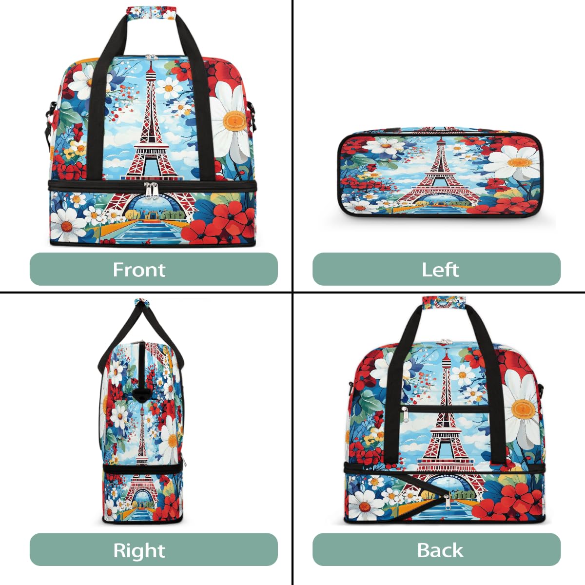 Borsone da viaggio pieghevole con motivo Torre Eiffel di Parigi, borsa da palestra espandibile con scomparto per scarpe, grande capacità, borsa da weekender, per viaggi, sport, viaggi notturni