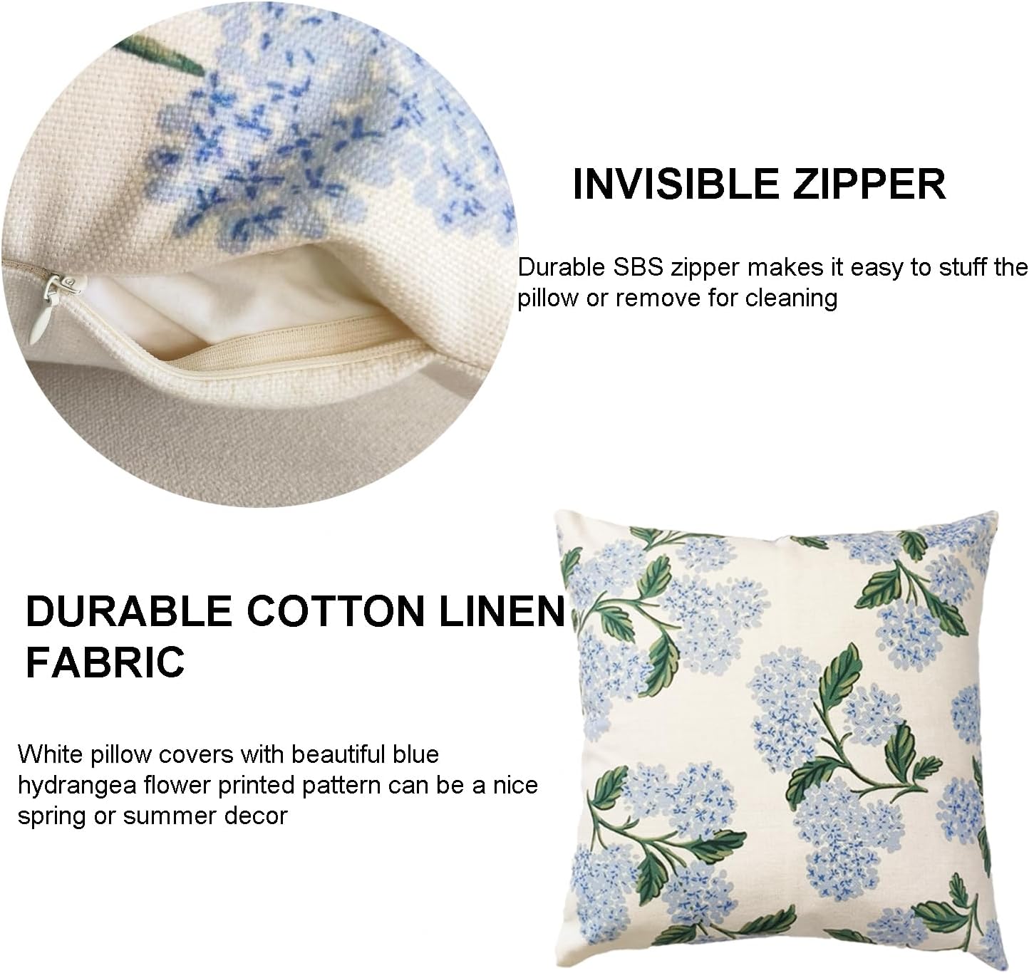 Btyrle Blue Hydrangea Flower Throw Pillow Covers 20x20 Inch Set of 2 Decorative Farmhouse Cotton Linen Floral Pillowcases Square Blue Floral Cushion Covers for Couch Sofa, Cream White