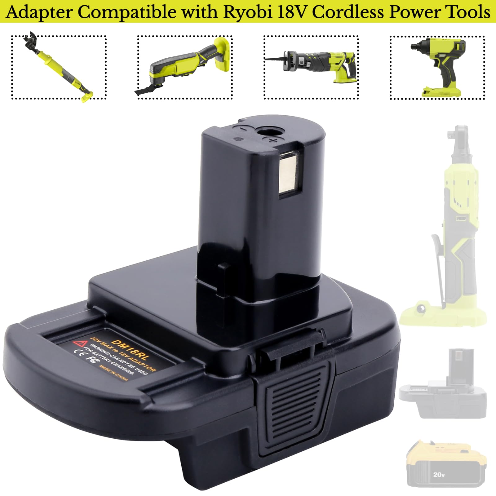 Tulepowceeng Paquete de 2 adaptadores de batería compatibles con herramientas Ryobi ONE+ de 18 V, compatible con Dewalt de 20 V y compatible con batería de litio Milwaukee de 18 V para trabajar con