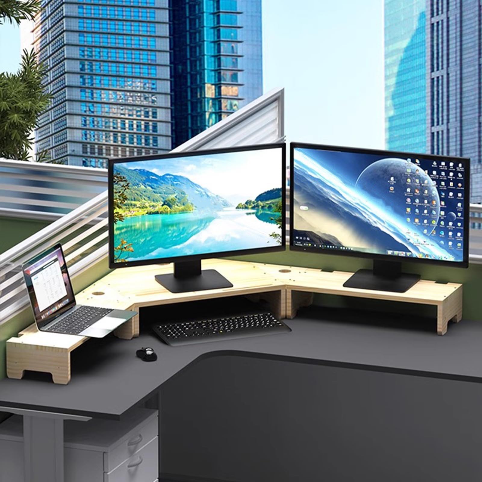 Stojak na Monitor Drewniany Narożny Stojak na Monitor do 3 Monitorów, Podstawka Pod Monitor Laptopa, Stojak na Biurko, Duże Półki Organizatora Oszczędzające Miejsce(H 11cm (4 3/8"))