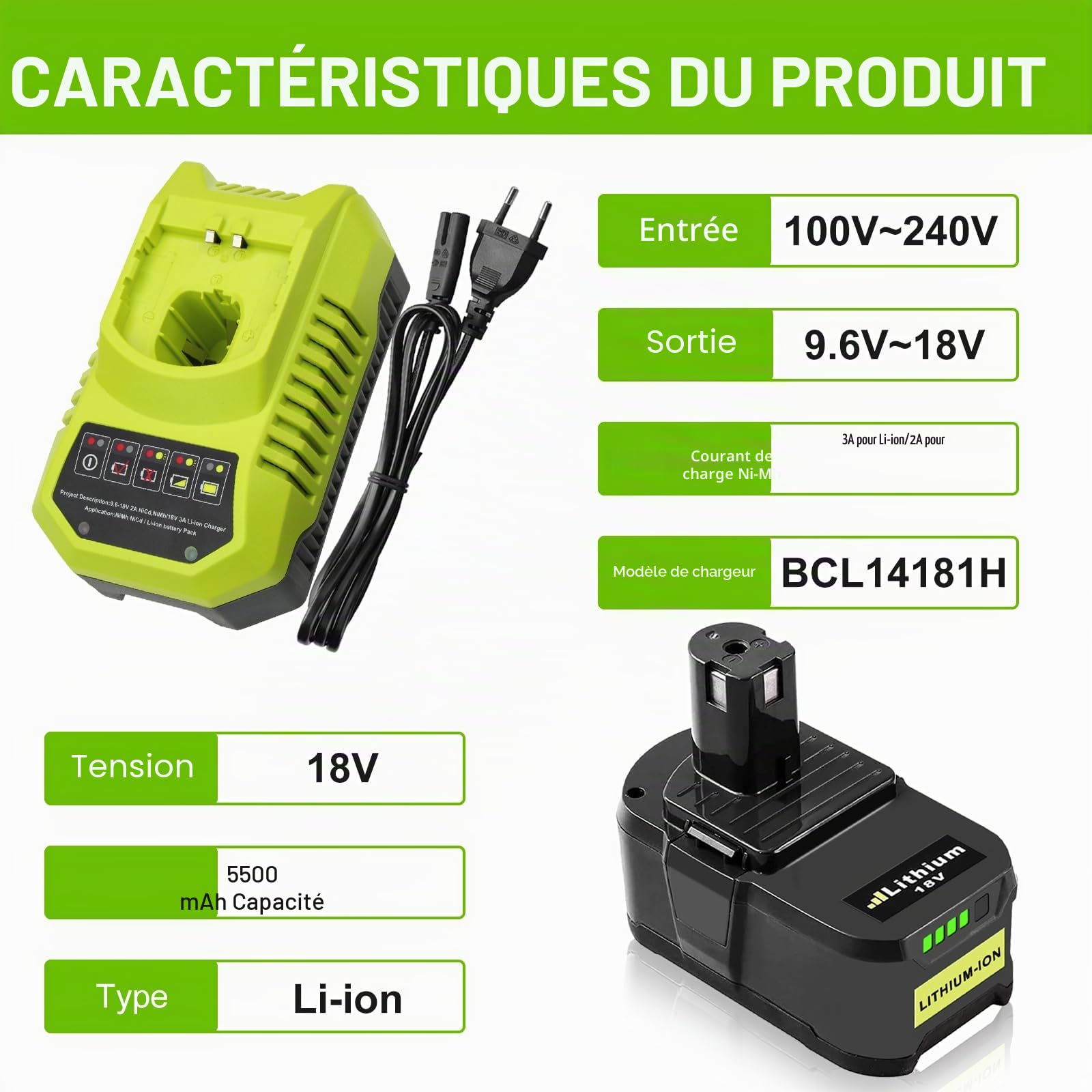 2X Batteries de Rechange pour Ryobi 18 V 5,5 Ah P108 18V + 9,6 V-18 V 3 A pour Ryobi BCL14181H Lithium-ION & NI-MH pour P106 P107 P105 P108 P100 P102 P103 avec LED (Noir et Vert)