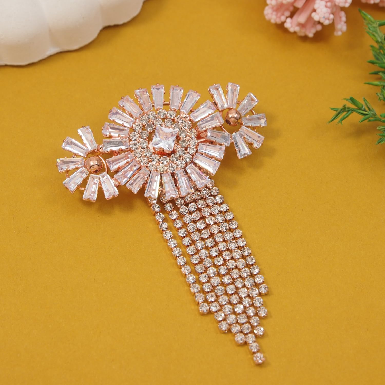 I Jewels Rose Gold Plated Traditional Brooch with American Diamond Tassel Design for Men’s Suits and Sherwanis (SMBR004RG)