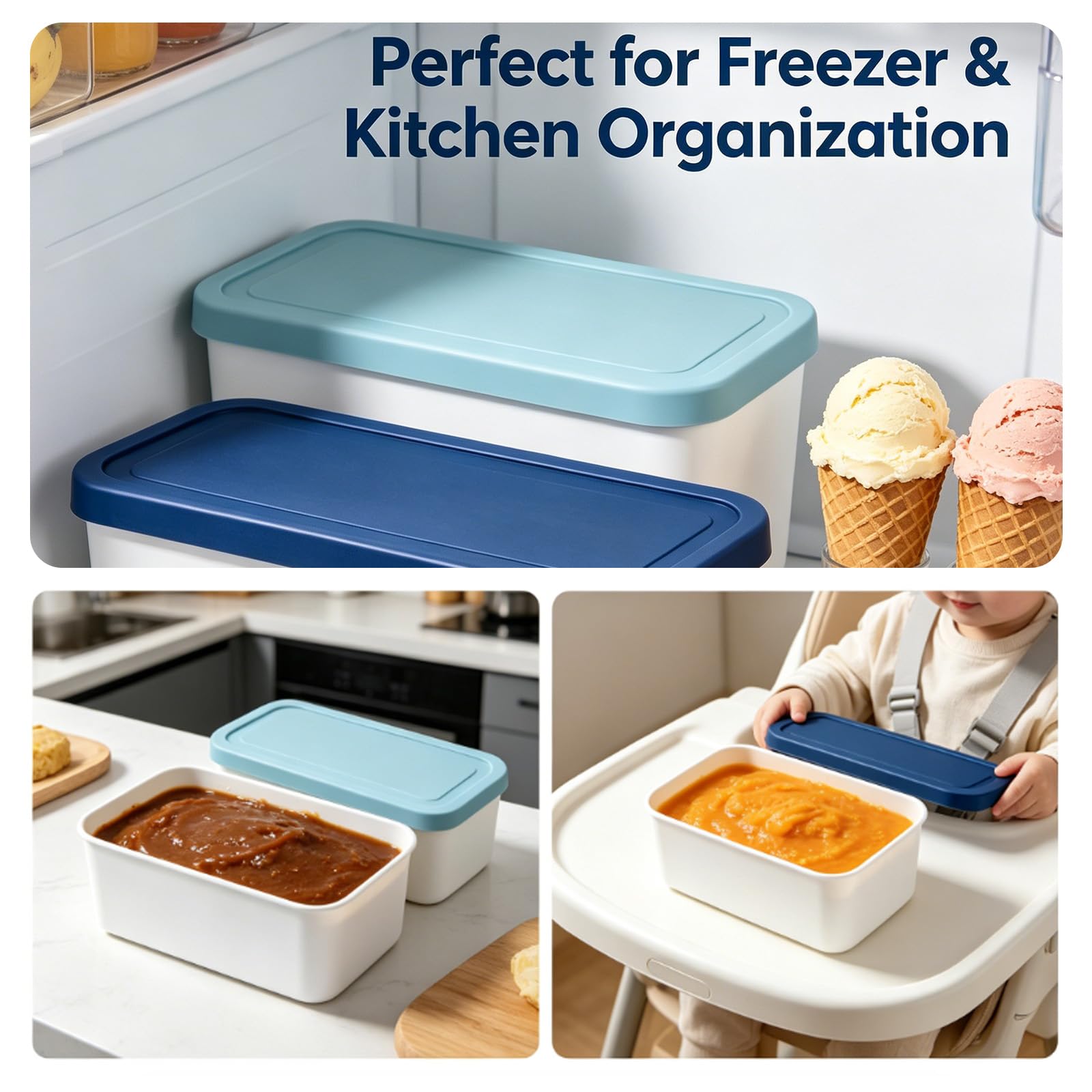 2 recipientes rectangulares para helados con tapas, 2 litros, reutilizables, para sorbetes, yogur, postres, sin BPA
